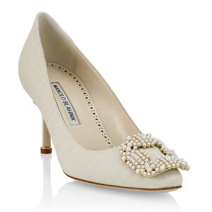Manolo Blahnik Hangisi 70 Oatmeal Linen Pearl Jewel Buckle Low Heel Pump 39.5